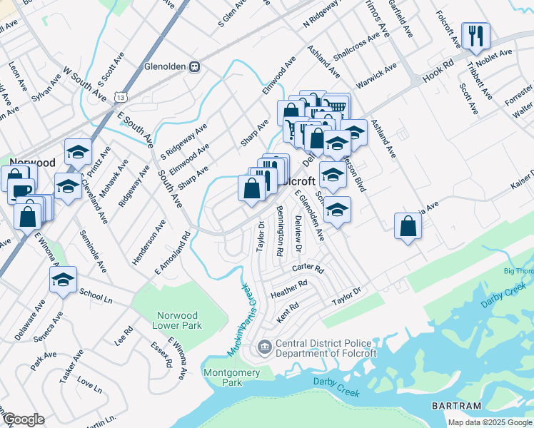 map of restaurants, bars, coffee shops, grocery stores, and more near 2019 Delmar Drive in Folcroft