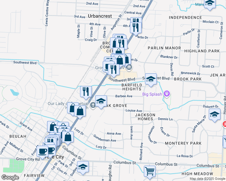 map of restaurants, bars, coffee shops, grocery stores, and more near 3101 Thomas Avenue in Grove City