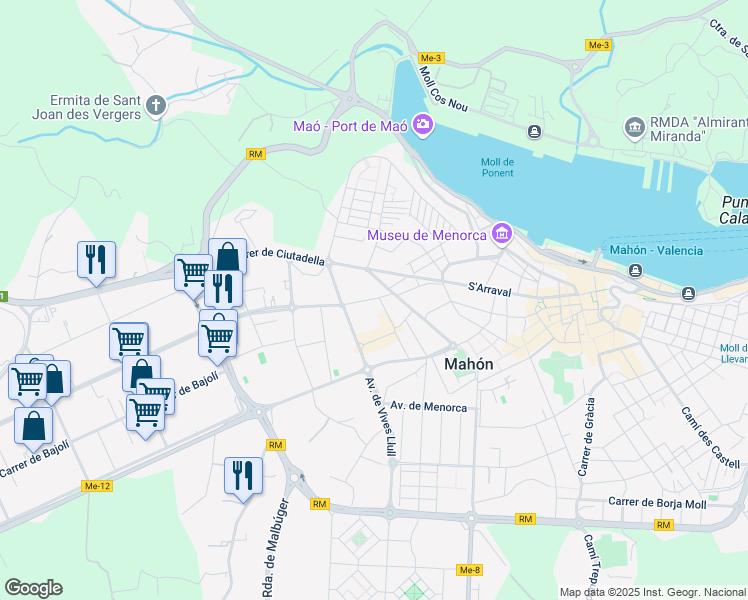 map of restaurants, bars, coffee shops, grocery stores, and more near 55A Camí de ses Vinyes in Maó