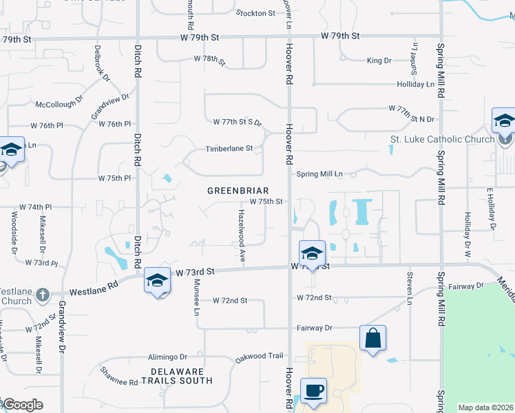 map of restaurants, bars, coffee shops, grocery stores, and more near 7438 Frederick Drive East in Indianapolis