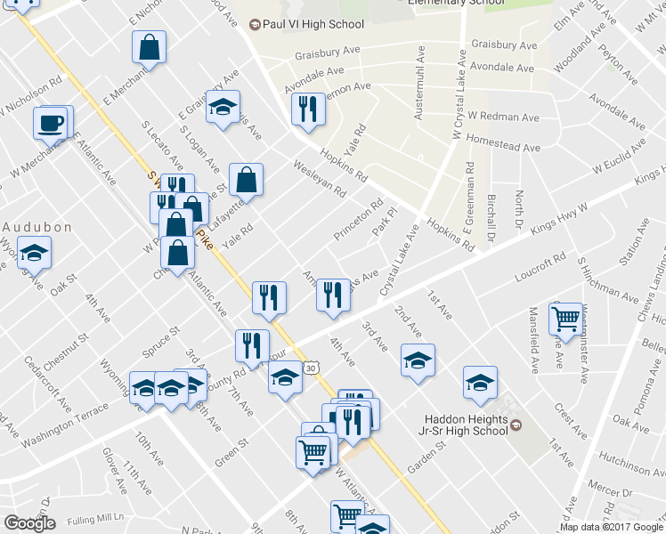 map of restaurants, bars, coffee shops, grocery stores, and more near 720 Bringhurst Avenue in Audubon