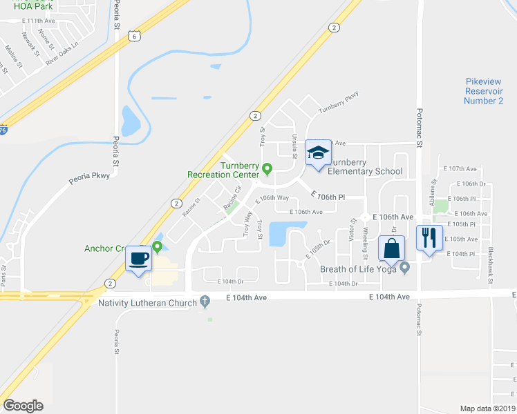 map of restaurants, bars, coffee shops, grocery stores, and more near 12818 East 106th Way in Commerce City