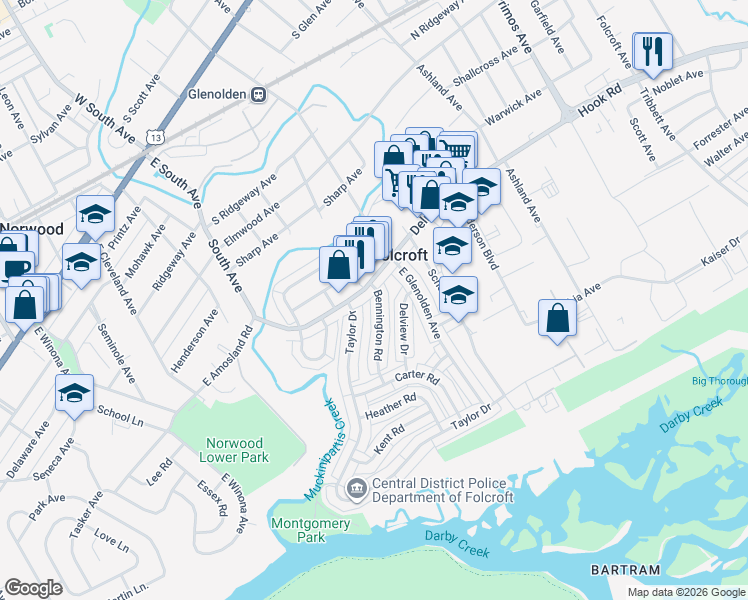 map of restaurants, bars, coffee shops, grocery stores, and more near 724 Bennington Road in Folcroft