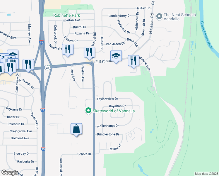 map of restaurants, bars, coffee shops, grocery stores, and more near 101 East Van Lake Drive in Vandalia