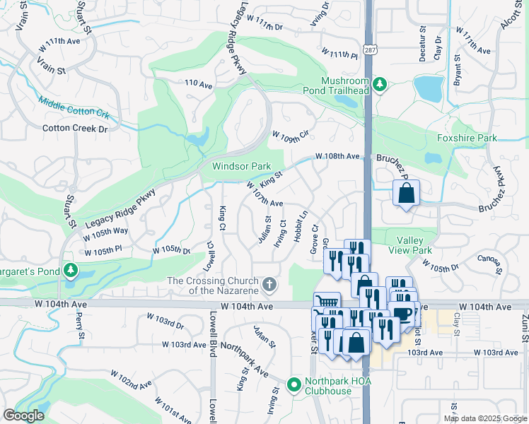 map of restaurants, bars, coffee shops, grocery stores, and more near 10631 Julian Street in Westminster