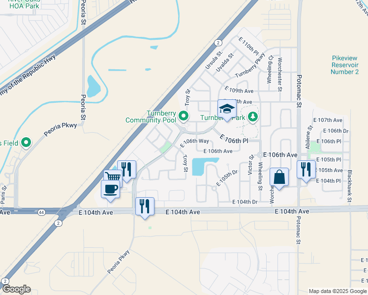 map of restaurants, bars, coffee shops, grocery stores, and more near 12818 East 106th Way in Commerce City