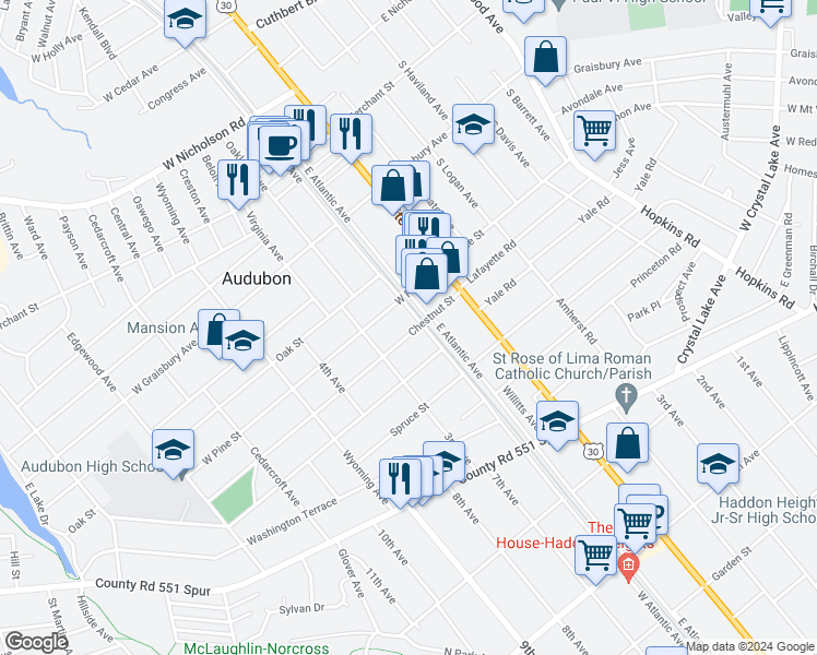 map of restaurants, bars, coffee shops, grocery stores, and more near 109 Chestnut Street in Audubon