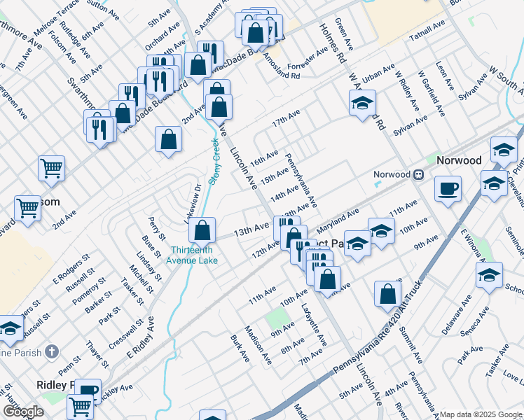 map of restaurants, bars, coffee shops, grocery stores, and more near 1320 Lincoln Avenue in Prospect Park