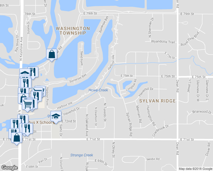 map of restaurants, bars, coffee shops, grocery stores, and more near 3412 Admiralty Lane in Indianapolis