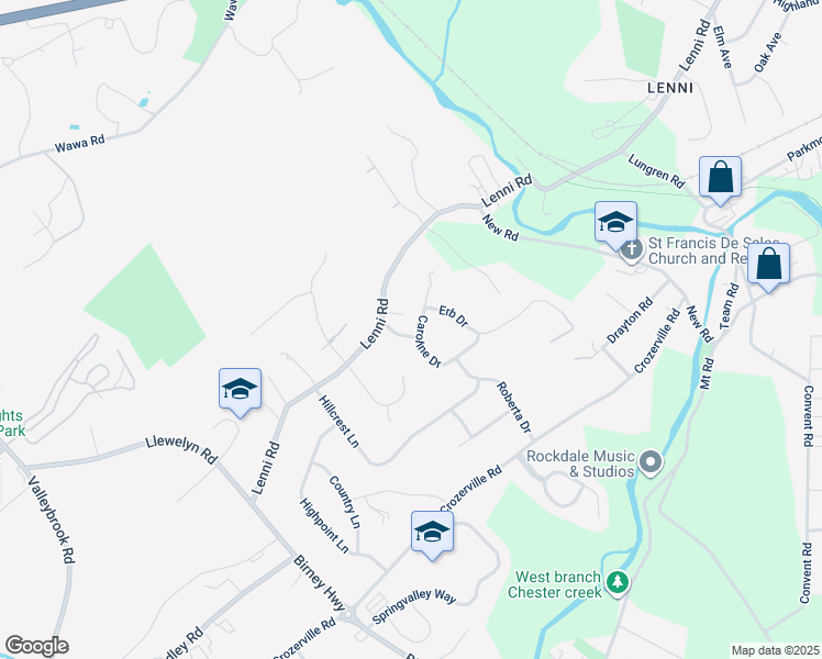 map of restaurants, bars, coffee shops, grocery stores, and more near 1551 Caroline Drive in Aston