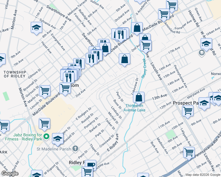 map of restaurants, bars, coffee shops, grocery stores, and more near 603 Michell Street in Ridley Park