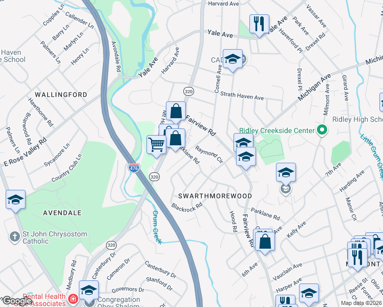 map of restaurants, bars, coffee shops, grocery stores, and more near 1577 Parklane Road in Swarthmore