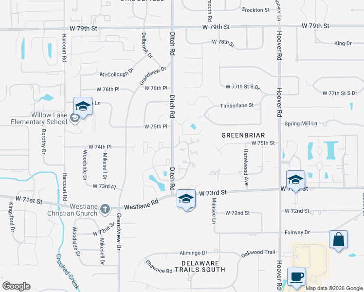 map of restaurants, bars, coffee shops, grocery stores, and more near 7487 Countrybrook Drive in Indianapolis