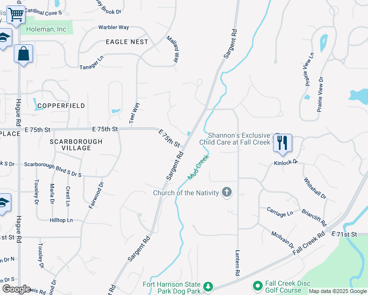 map of restaurants, bars, coffee shops, grocery stores, and more near E 75th St & Sargent Rd in Indianapolis
