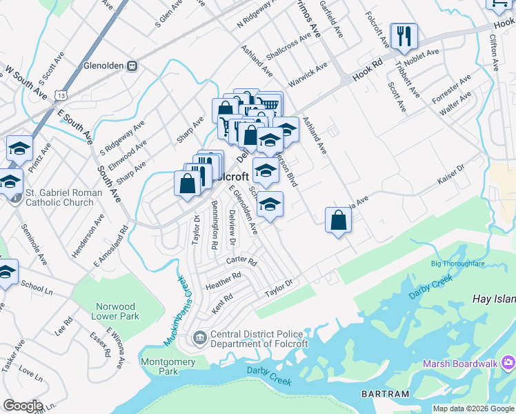 map of restaurants, bars, coffee shops, grocery stores, and more near 758 School Lane in Folcroft