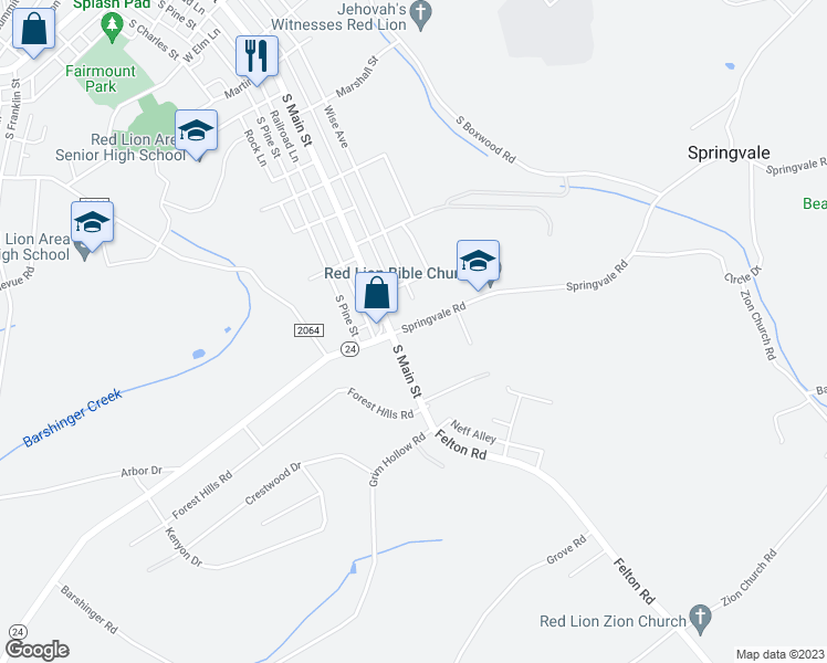 map of restaurants, bars, coffee shops, grocery stores, and more near 24 Springvale Road in Red Lion