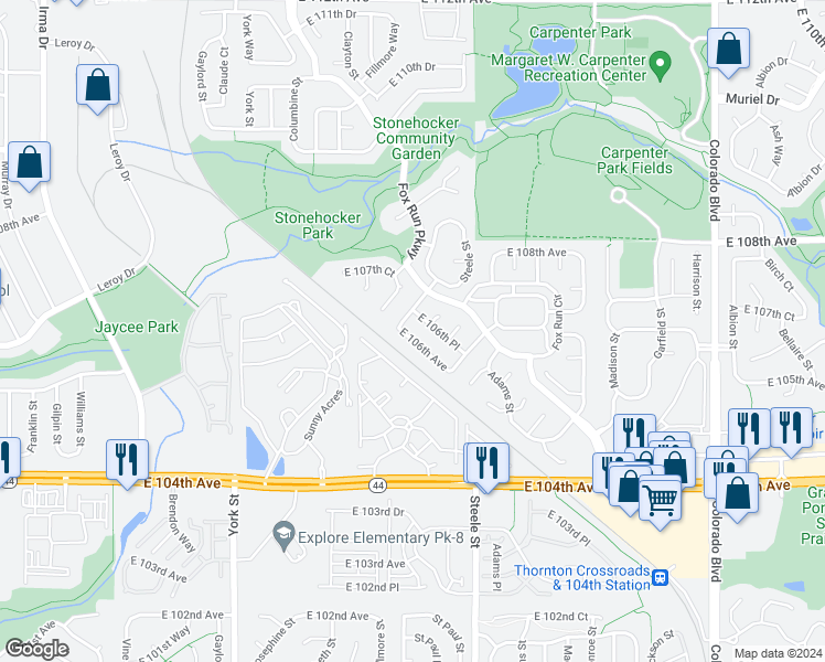 map of restaurants, bars, coffee shops, grocery stores, and more near 3047 East 106th Avenue in Northglenn