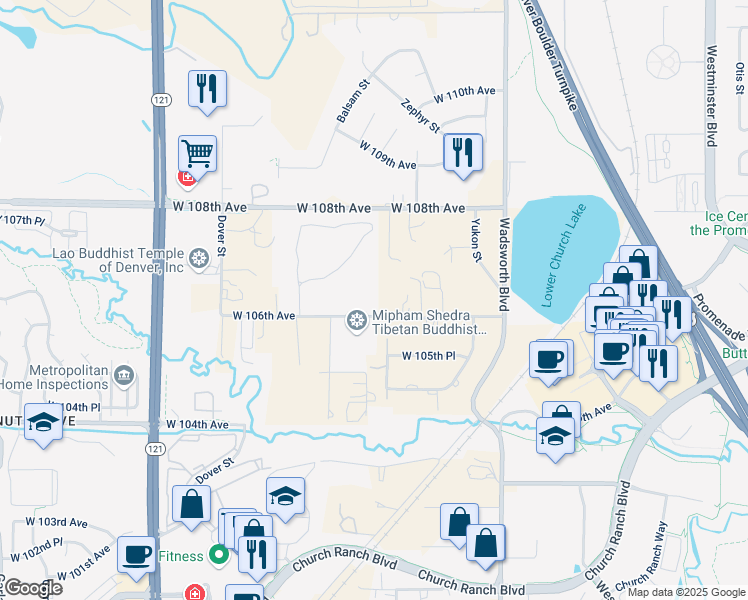 map of restaurants, bars, coffee shops, grocery stores, and more near 8015 West 106th Avenue in Westminster