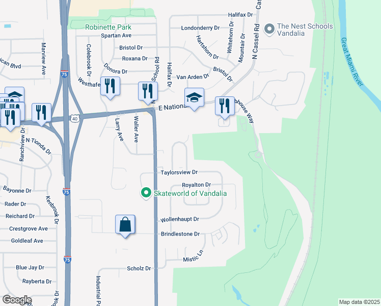 map of restaurants, bars, coffee shops, grocery stores, and more near 94 East Van Lake Drive in Vandalia