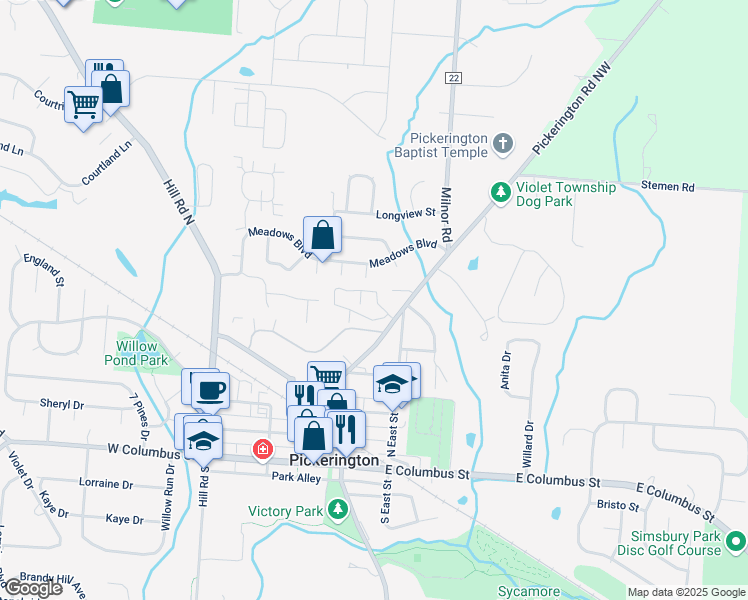 map of restaurants, bars, coffee shops, grocery stores, and more near 321 Columbia Drive in Pickerington