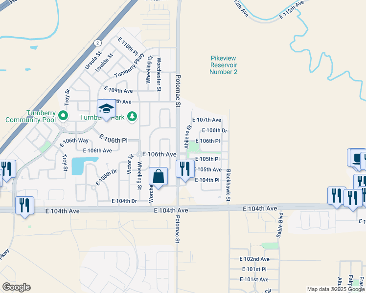 map of restaurants, bars, coffee shops, grocery stores, and more near 10617 Abilene Street in Commerce City