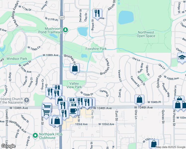 map of restaurants, bars, coffee shops, grocery stores, and more near 2701 West 106th Loop in Westminster