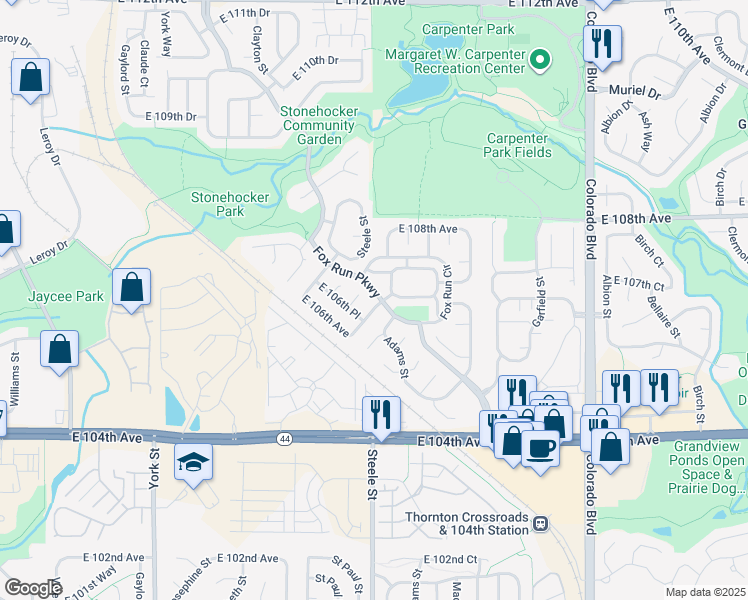 map of restaurants, bars, coffee shops, grocery stores, and more near 101 Kimblewyck Circle in Northglenn