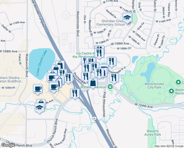 map of restaurants, bars, coffee shops, grocery stores, and more near 10675 Westminster Boulevard in Westminster