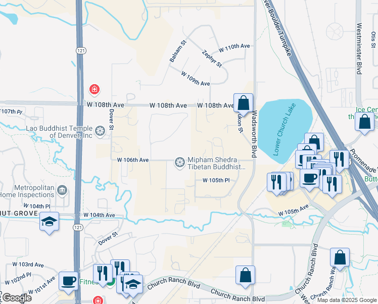 map of restaurants, bars, coffee shops, grocery stores, and more near 8015 West 106th Avenue in Westminster