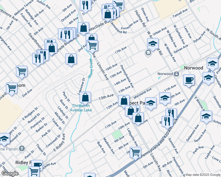 map of restaurants, bars, coffee shops, grocery stores, and more near 1320 Lincoln Avenue in Prospect Park