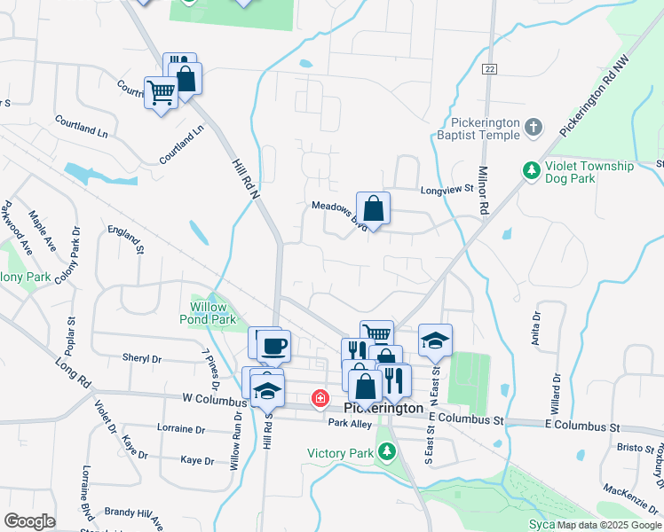 map of restaurants, bars, coffee shops, grocery stores, and more near 24 Mockingbird Court in Pickerington