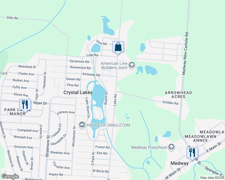 map of restaurants, bars, coffee shops, grocery stores, and more near 2280 Lake Road in Medway