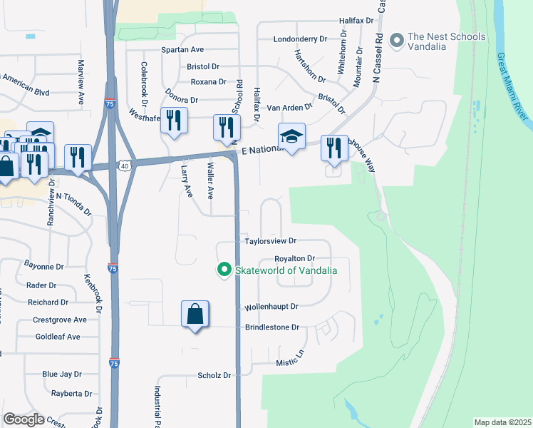 map of restaurants, bars, coffee shops, grocery stores, and more near 101 East Van Lake Drive in Vandalia