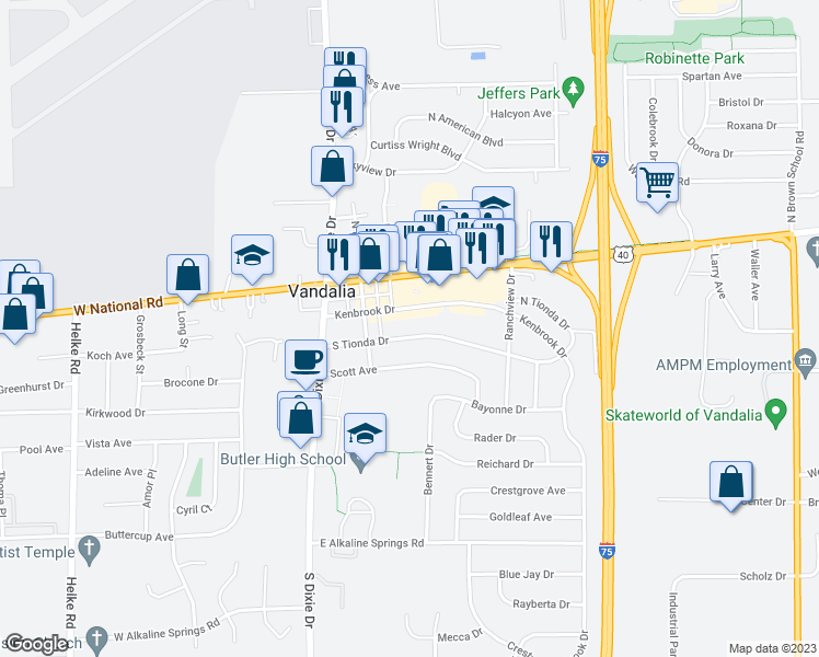 map of restaurants, bars, coffee shops, grocery stores, and more near 221 Tionda Drive South in Vandalia