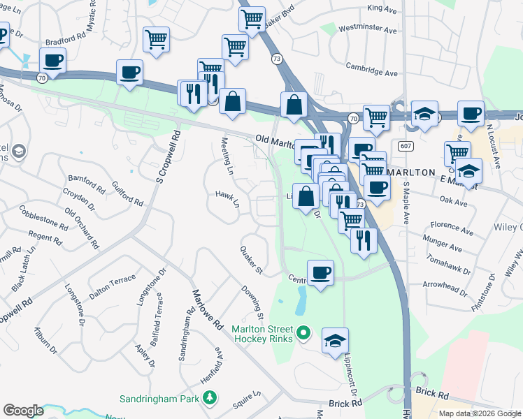 map of restaurants, bars, coffee shops, grocery stores, and more near 707 Lindsey Court in Evesham