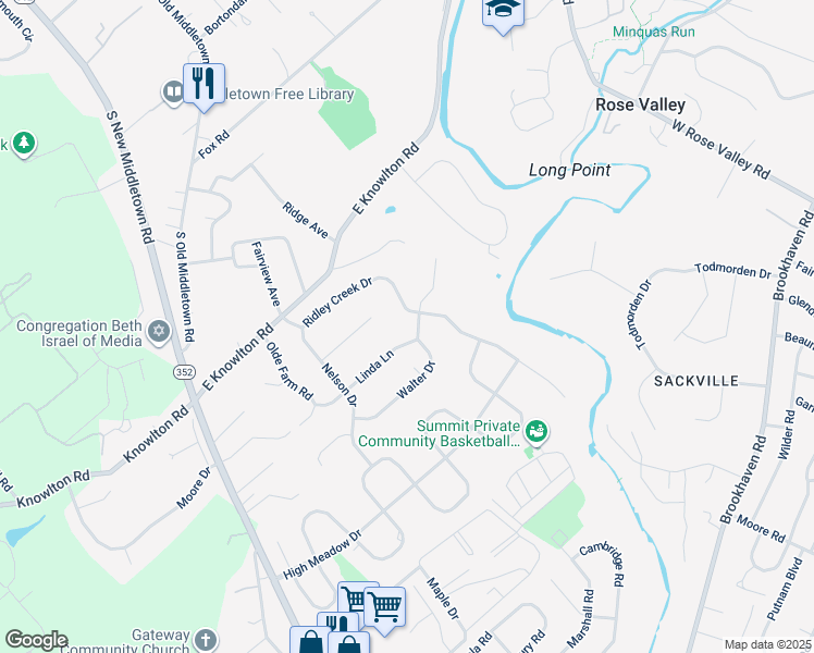 map of restaurants, bars, coffee shops, grocery stores, and more near 129 Walter Drive in Media