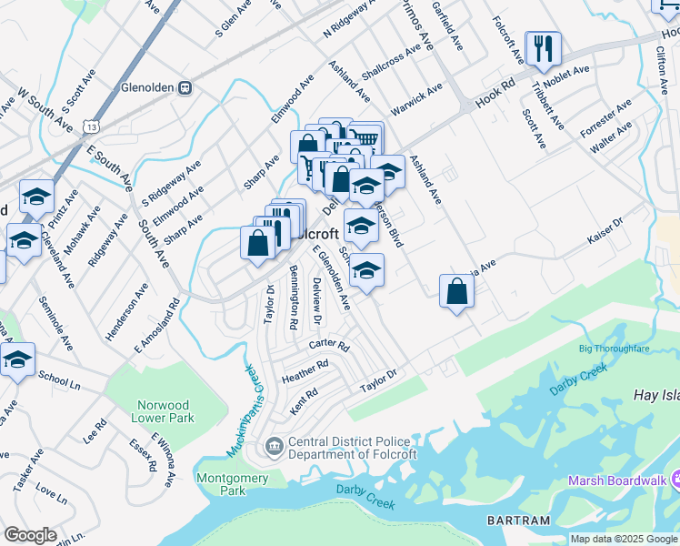 map of restaurants, bars, coffee shops, grocery stores, and more near 819 Grant Road in Folcroft