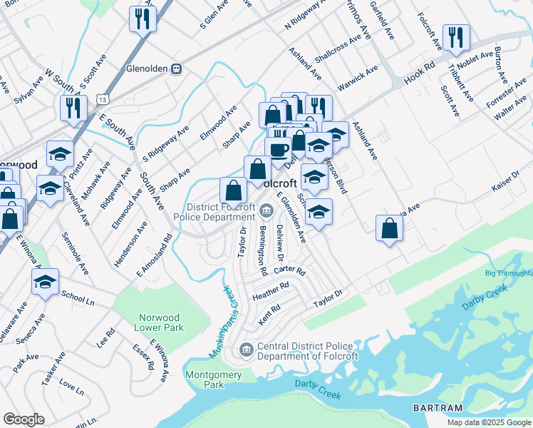 map of restaurants, bars, coffee shops, grocery stores, and more near 723 Bennington Road in Folcroft