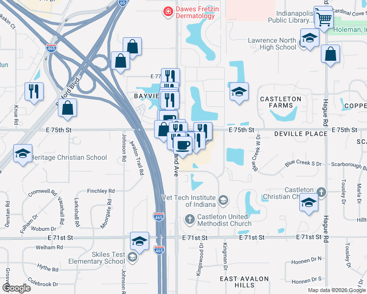 map of restaurants, bars, coffee shops, grocery stores, and more near 7423 N Shadeland Ave in Lawrence
