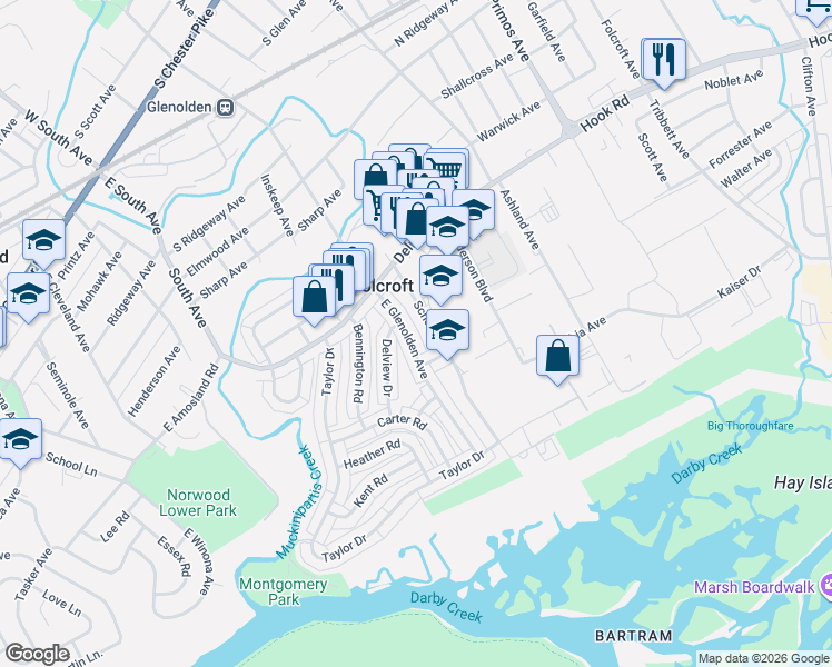 map of restaurants, bars, coffee shops, grocery stores, and more near 758 School Lane in Folcroft