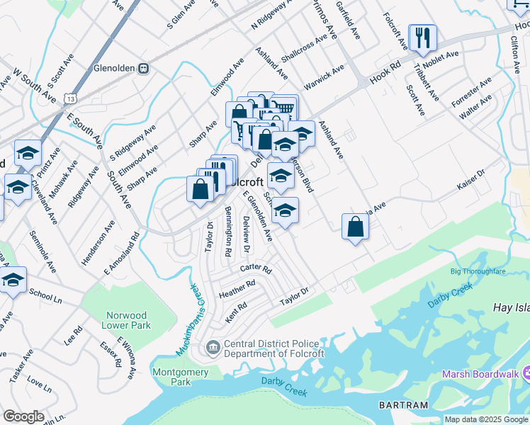 map of restaurants, bars, coffee shops, grocery stores, and more near 819 Grant Road in Folcroft