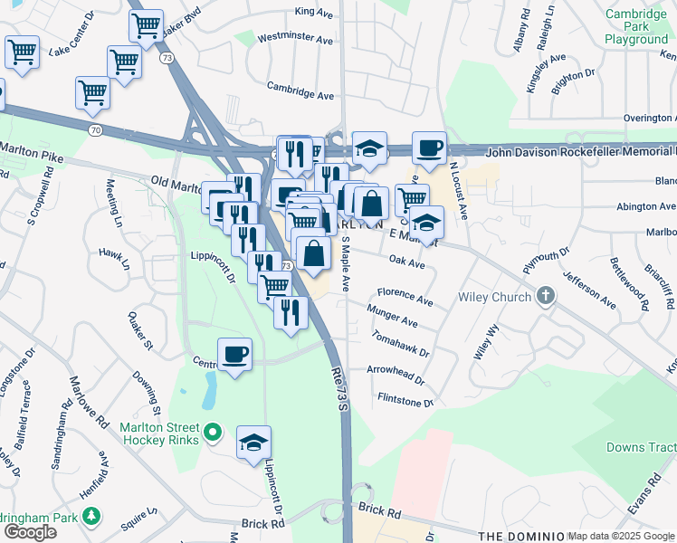 map of restaurants, bars, coffee shops, grocery stores, and more near 30 South Maple Avenue in Evesham Township