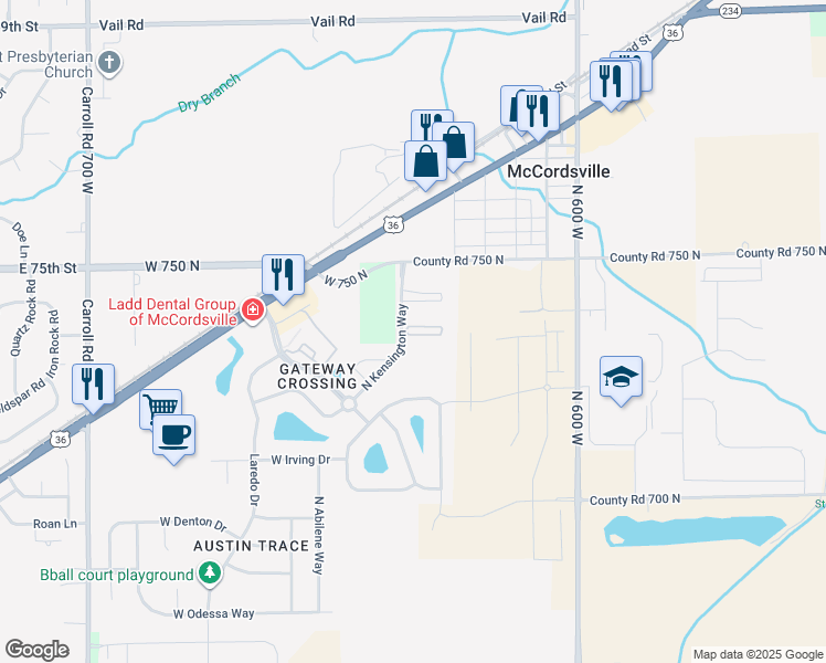 map of restaurants, bars, coffee shops, grocery stores, and more near 6326 West Wellington Way in McCordsville