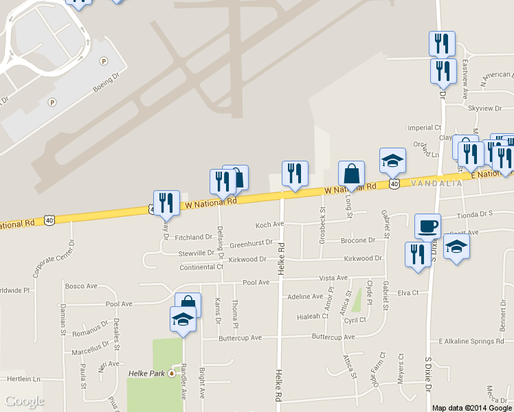 map of restaurants, bars, coffee shops, grocery stores, and more near 654 W National Rd in Vandalia