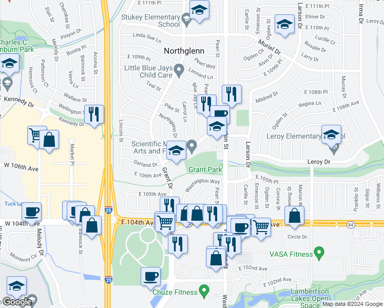 map of restaurants, bars, coffee shops, grocery stores, and more near 440 Garland Drive in Northglenn