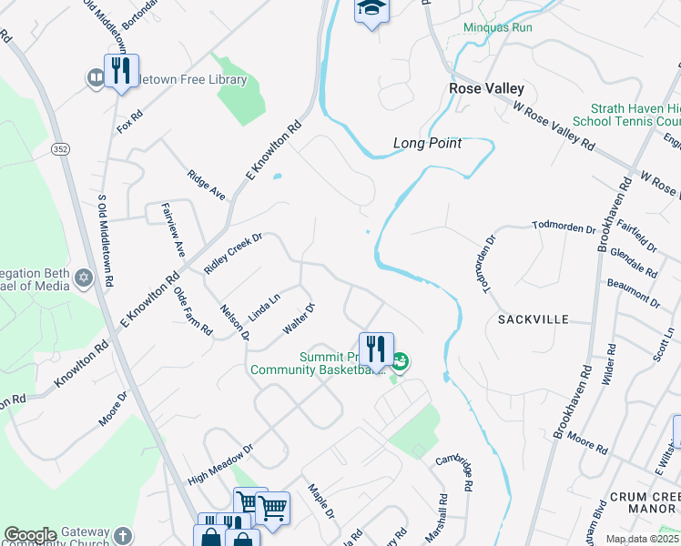 map of restaurants, bars, coffee shops, grocery stores, and more near 827 Ridley Creek Drive in Media