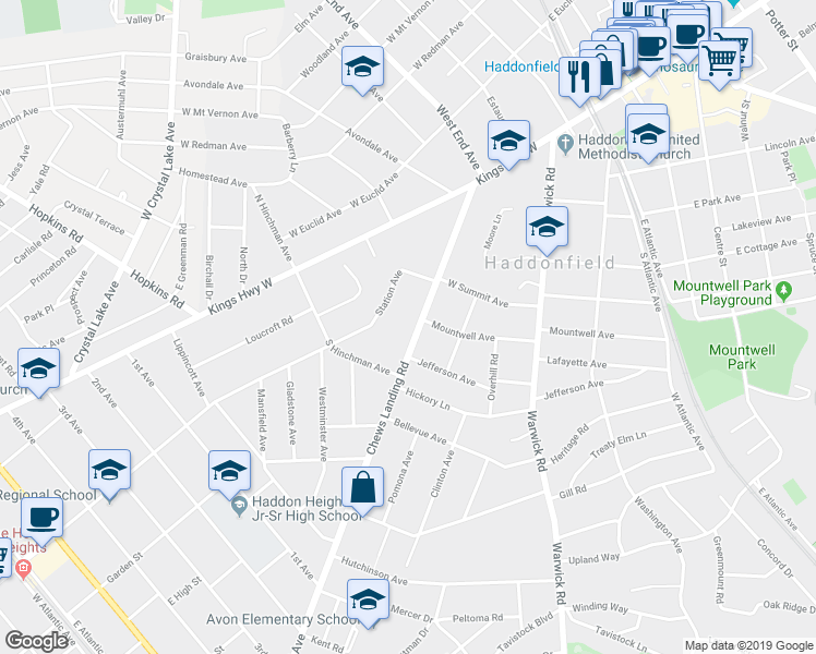 map of restaurants, bars, coffee shops, grocery stores, and more near 150 Chews Landing Road in Haddonfield
