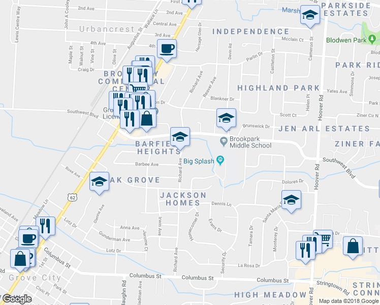 map of restaurants, bars, coffee shops, grocery stores, and more near 3646 Richard Avenue in Grove City