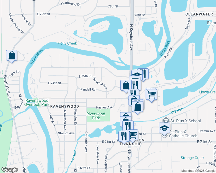 map of restaurants, bars, coffee shops, grocery stores, and more near 7357 Evanston Avenue in Indianapolis
