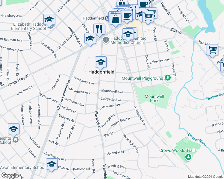 map of restaurants, bars, coffee shops, grocery stores, and more near 418 Washington Avenue in Haddonfield